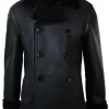Mens Real Shearling German Navy Sheepskin Double Breasted Jacket Black Fitted