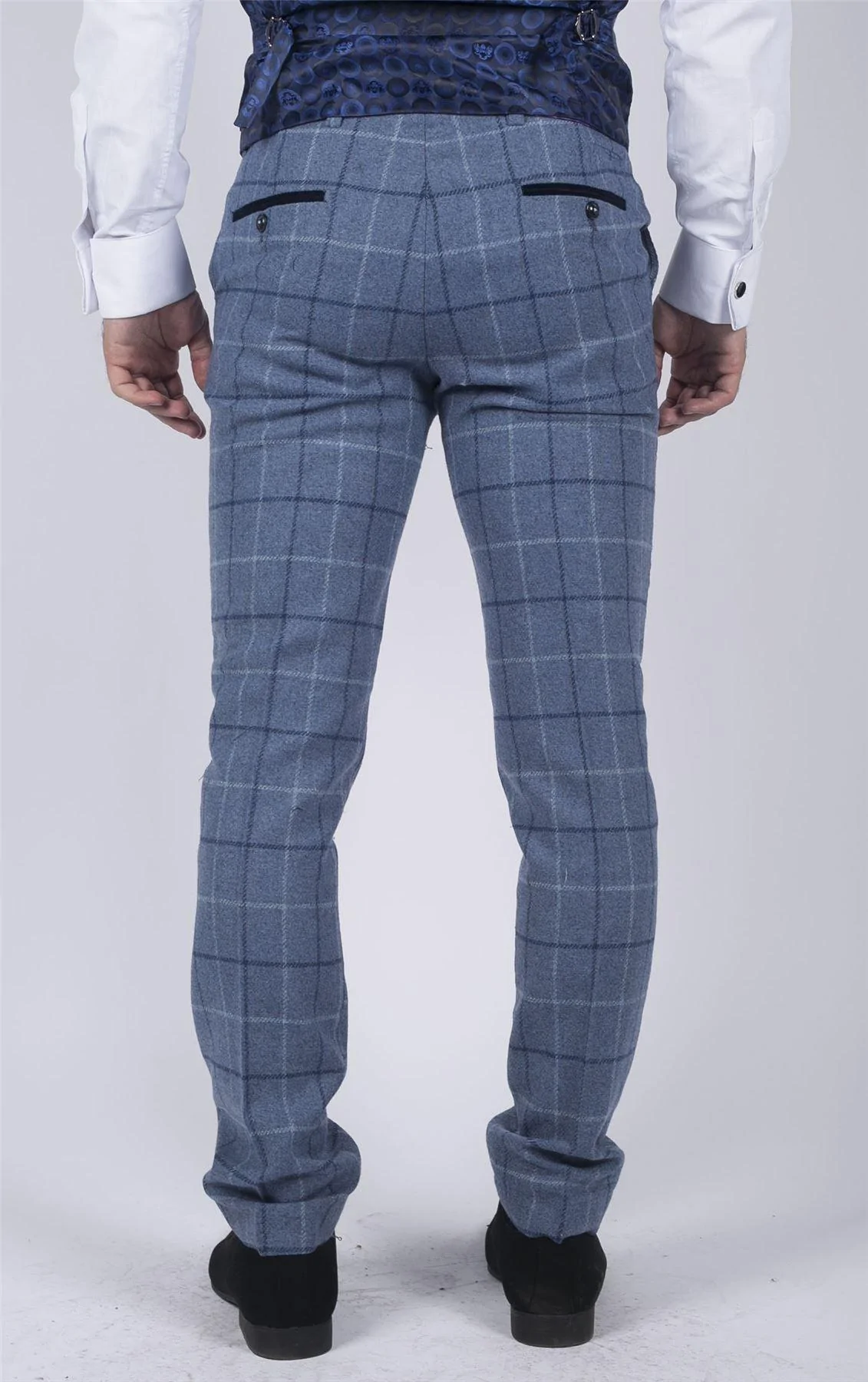 Mens Marc Darcy Light Blue Navy Check Trousers Smart Casual Tweed Slim Fit Clinton - Image 3