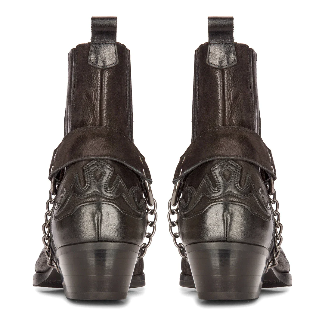 Mens Western Black Cowboy Boots Vintage Pointed Knight Ankle Country Boot Riding Real Leather - Image 3