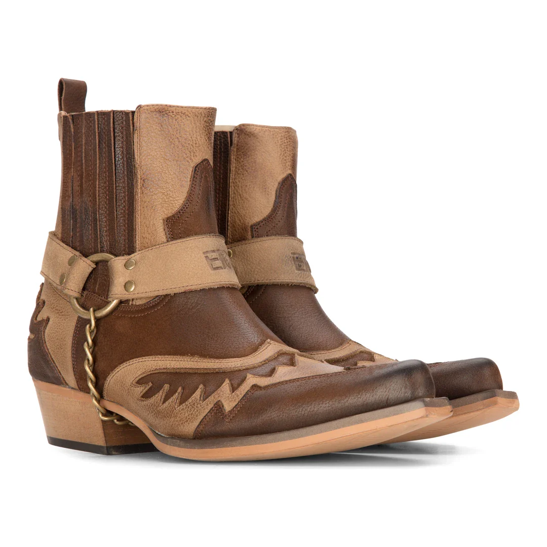 Mens Western Brown Cowboy Boots Vintage Pointed Knight Ankle Country Boot Riding Real Leather - Image 2