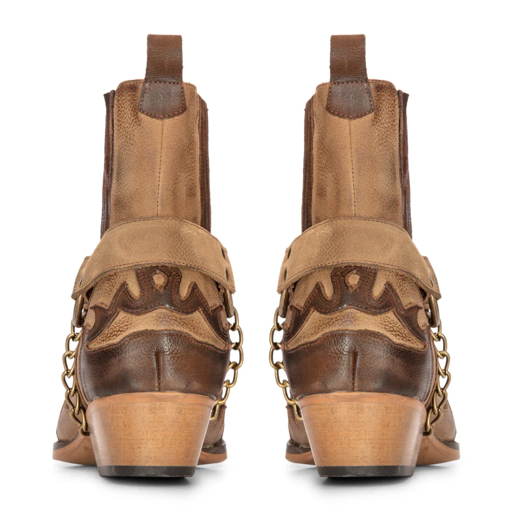 Mens Western Brown Cowboy Boots Vintage Pointed Knight Ankle Country Boot Riding Real Leather - Image 3