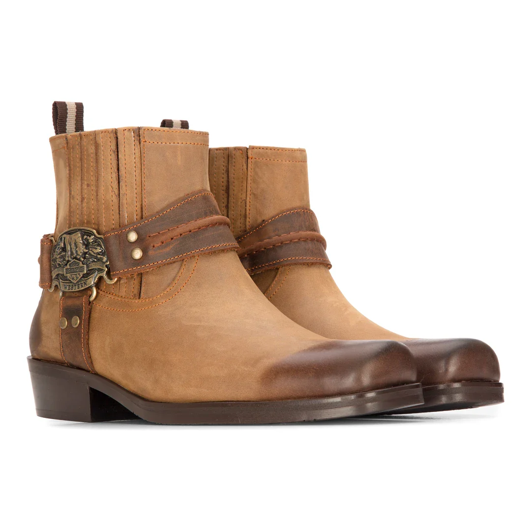 Mens Western Cowboy Tan Boot Vintage Square Toe Country Hunting Hiking Real Leather Riding Bikers - Image 2