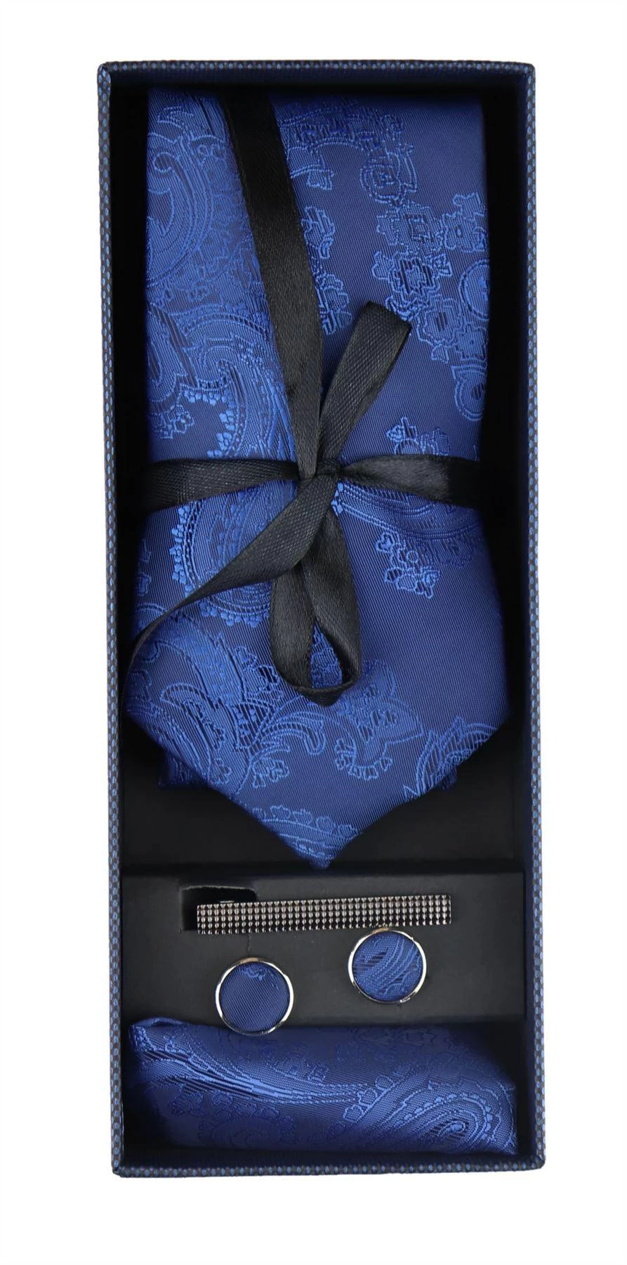 Paisley Neck Blue Tie Gift Set Pocket Square Cuff Links Tie Floral Satin - Image 3