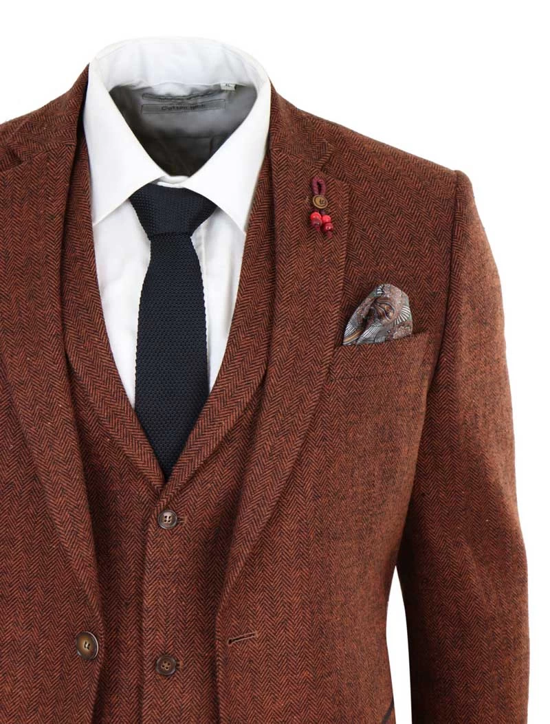 Rust Herringbone Tweed 3 Piece Suit - Image 2