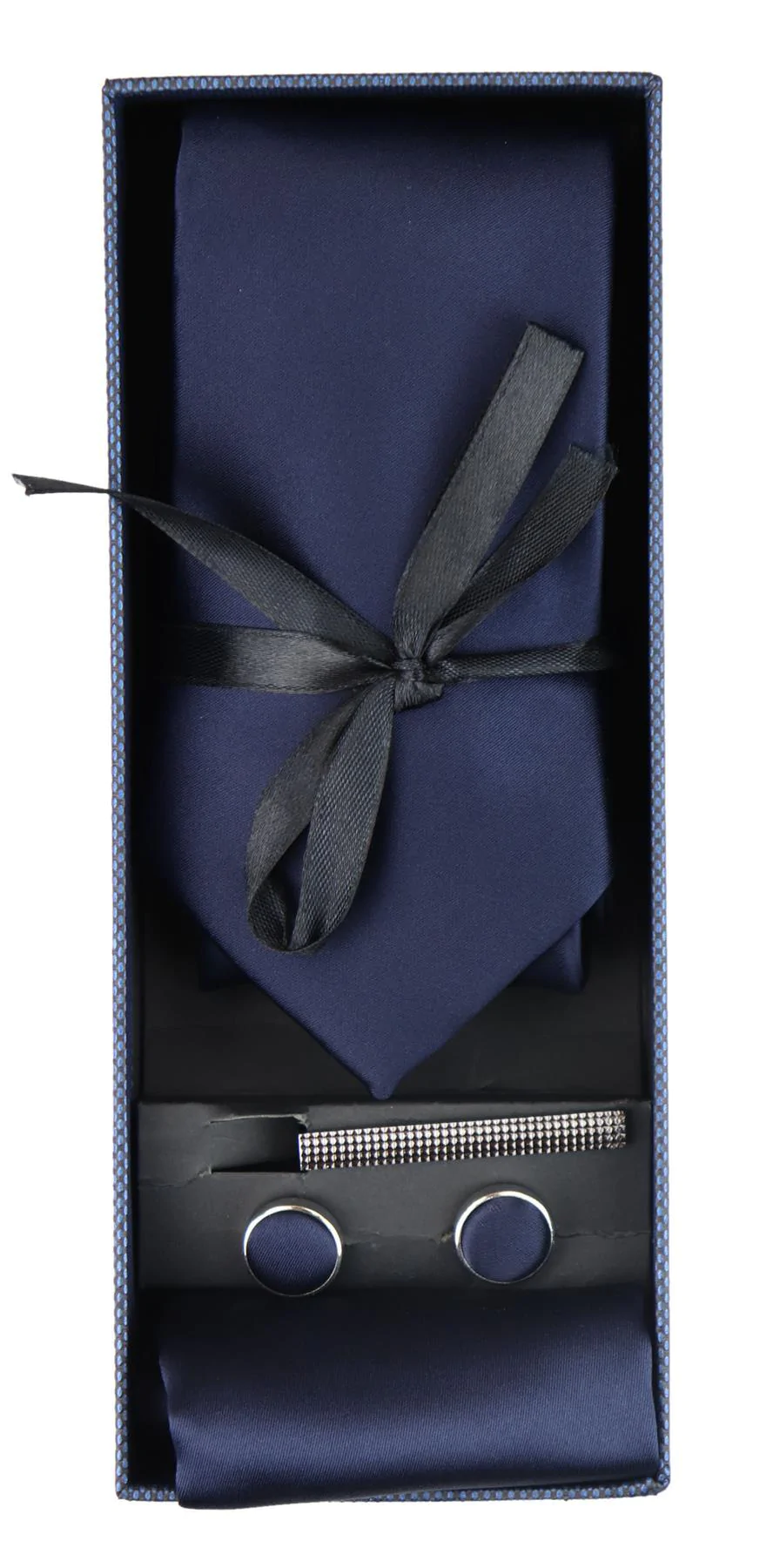 Satin Silk Navy Tie Gift Set Pocket Square Cuff Links Tie Shiny Satin - Image 3