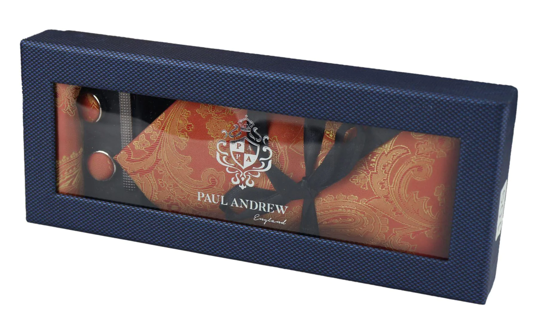 Paisley Neck Orange Tie Gift Set Pocket Square Cuff Links Tie Floral Satin - Image 2