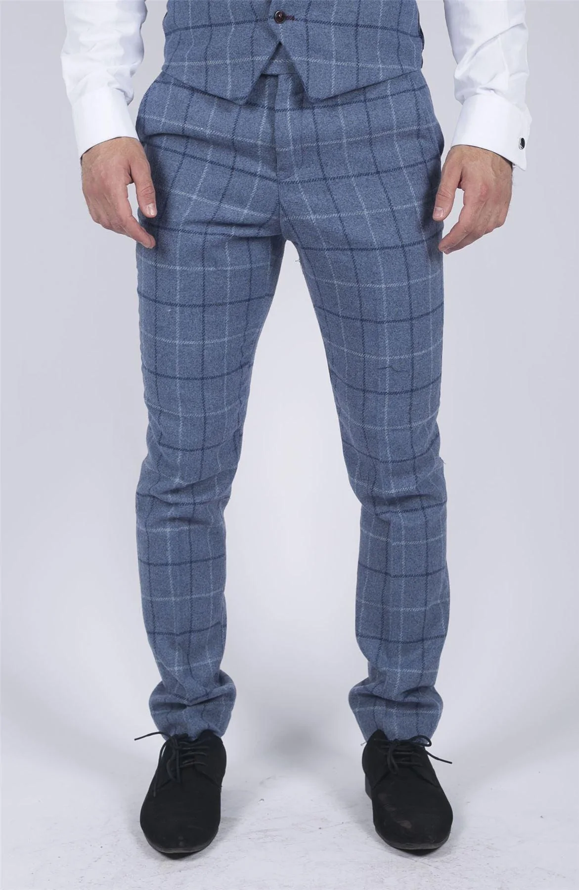 Mens Marc Darcy Light Blue Navy Check Trousers Smart Casual Tweed Slim Fit Clinton - Image 2