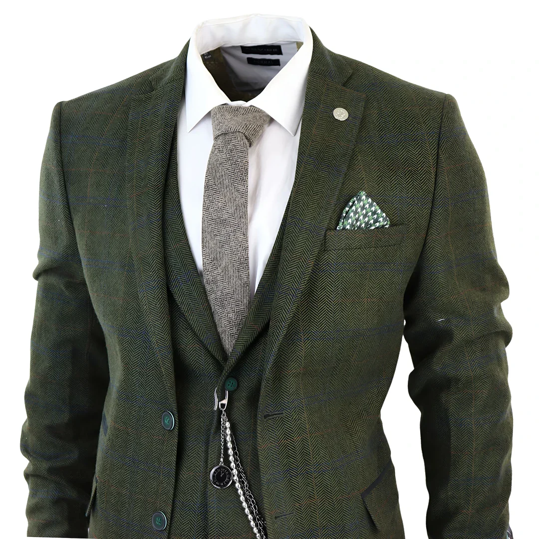 Men’s 3 Piece Suit Wool Tweed Green Blue Brown Check 1920s Gatsby - Image 4