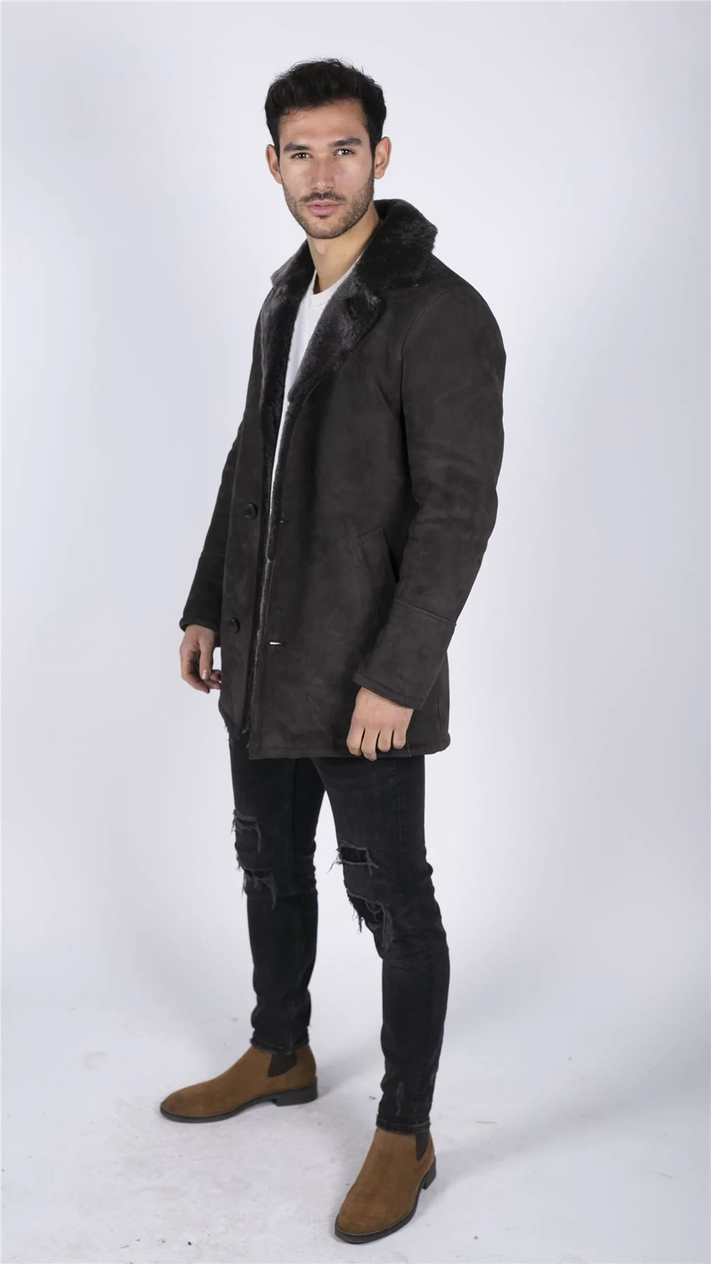 Mens Real Sheepskin Coat Brown Vintage Classic 3/4 Jacket Button Down V Neck - Image 5