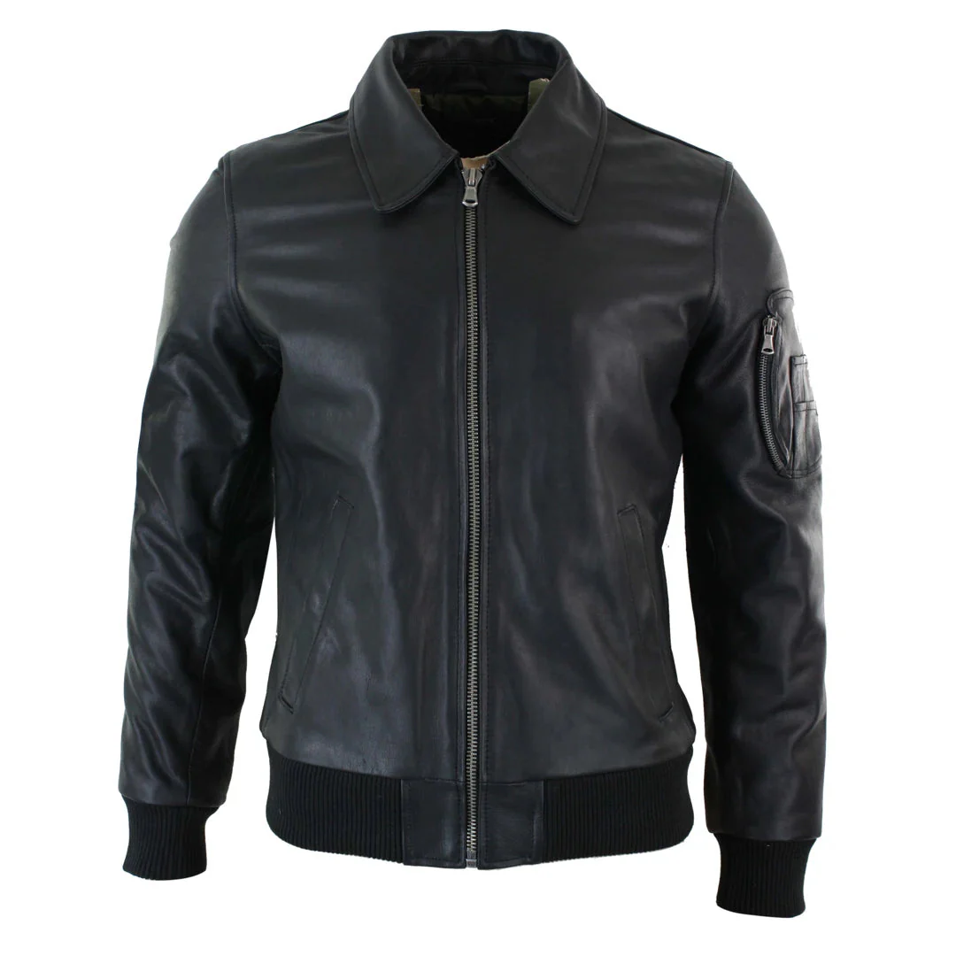 Men’s Leather Harrington Black Bomber Classic Pilot Jacket