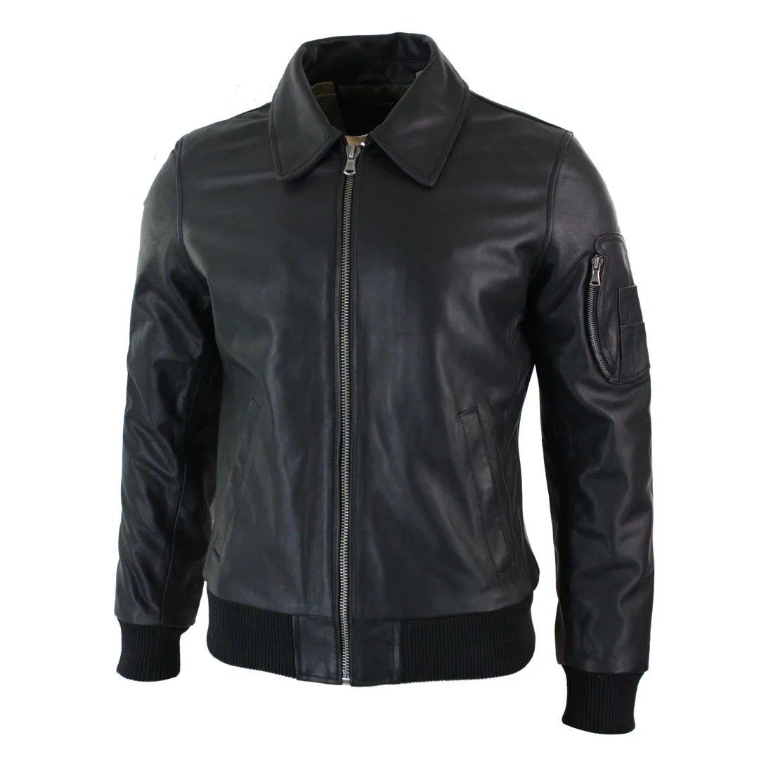 Men’s Leather Harrington Black Bomber Classic Pilot Jacket - Image 2