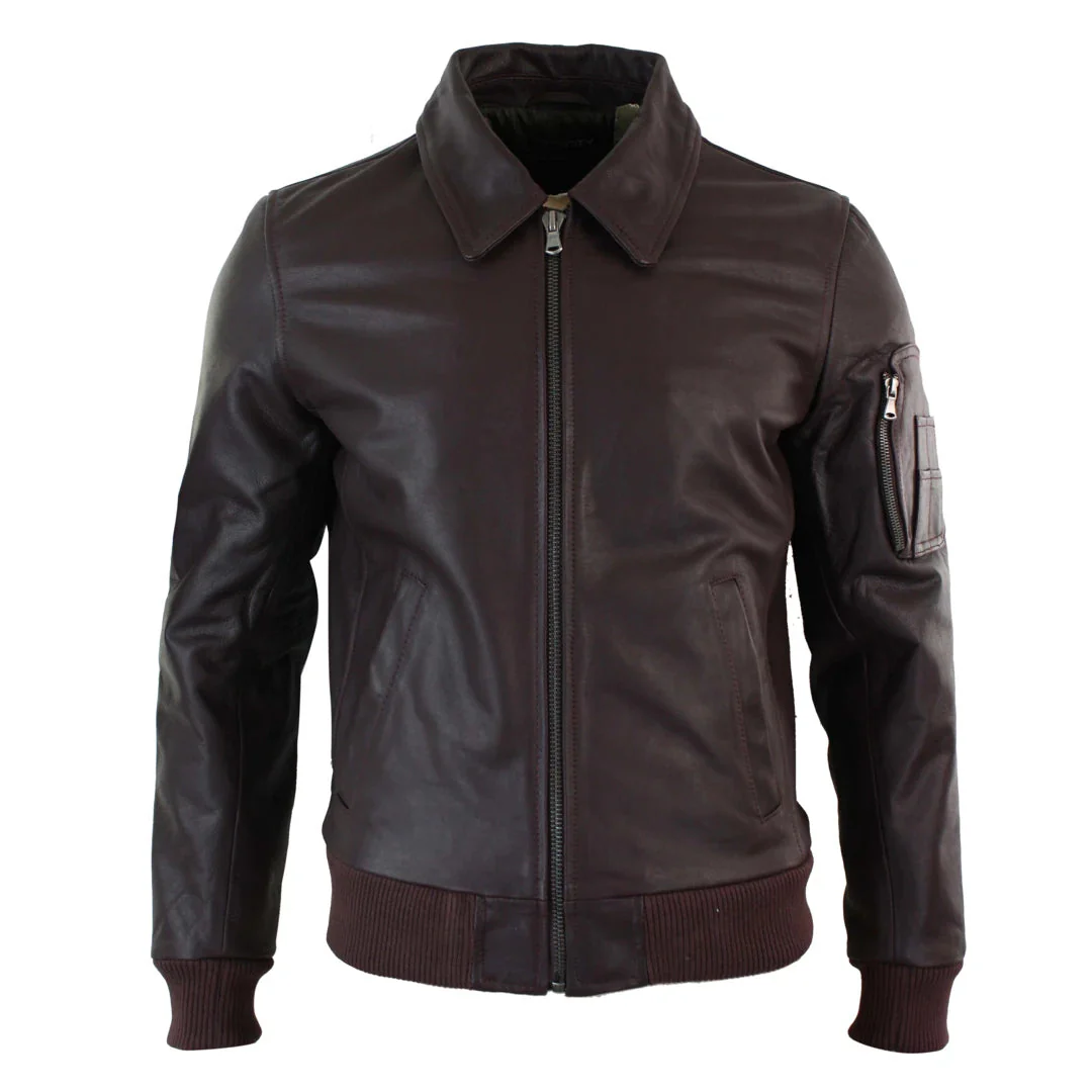 Men’s Leather Harrington Burgundy Bomber Classic Pilot Jacket