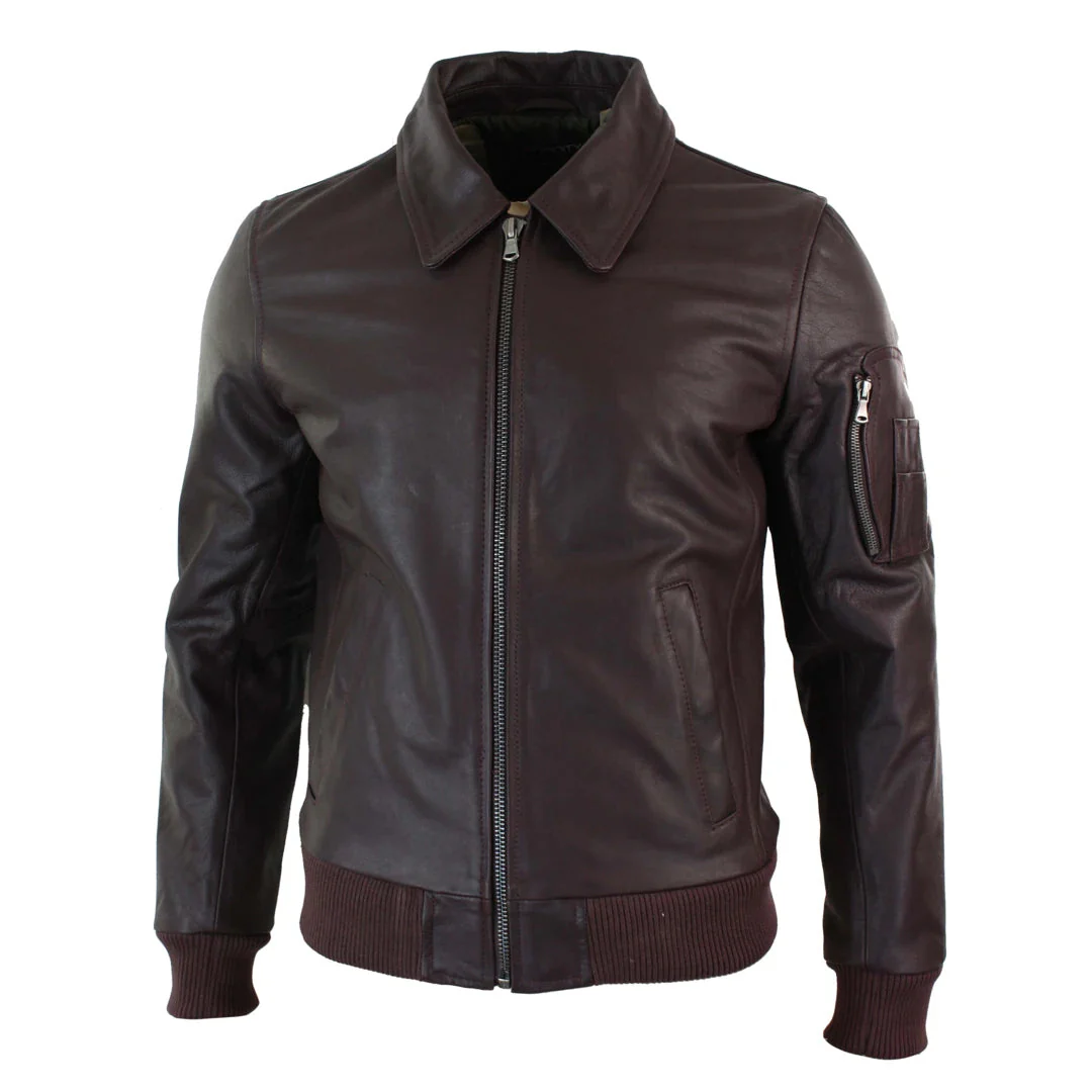 Men’s Leather Harrington Burgundy Bomber Classic Pilot Jacket - Image 2