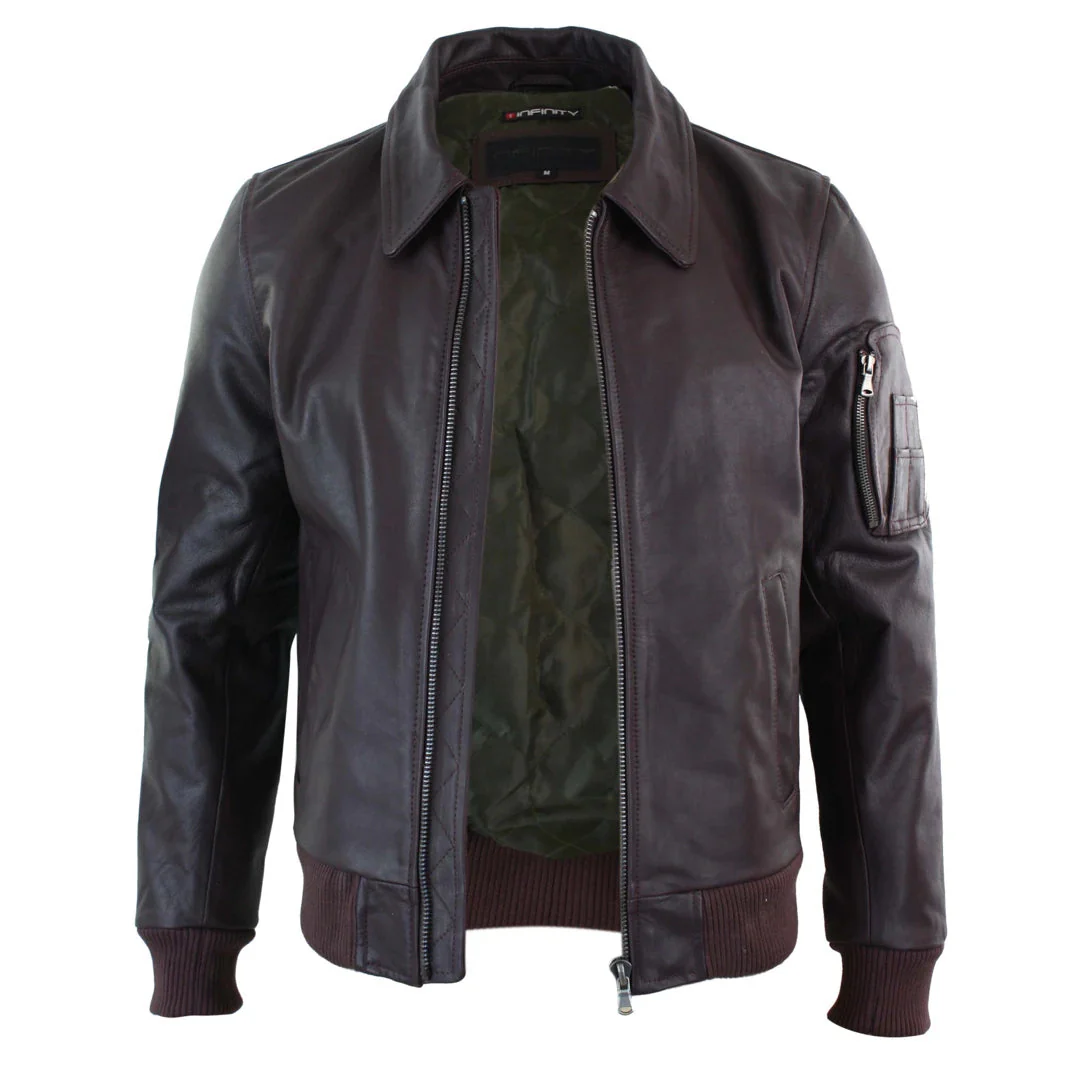Men’s Leather Harrington Burgundy Bomber Classic Pilot Jacket - Image 4