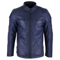 Infinity Real Leather Tailored Fit Mens Biker Jacket – Navy Blue