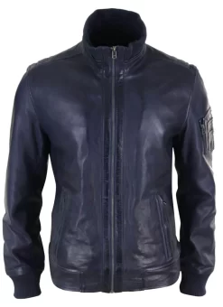 Real Leather Autumn Jacket With High Neck For Mens – Navy Color