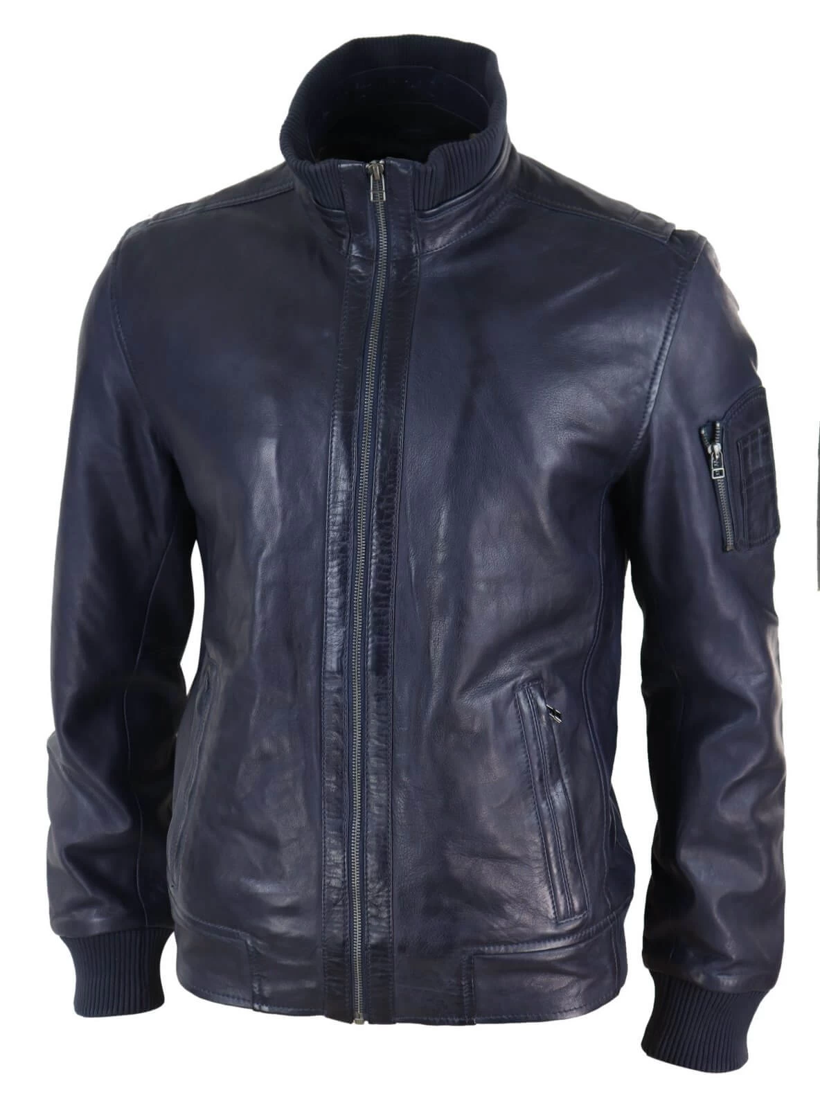 Real Leather Autumn Jacket With High Neck For Mens – Navy Color - Image 2