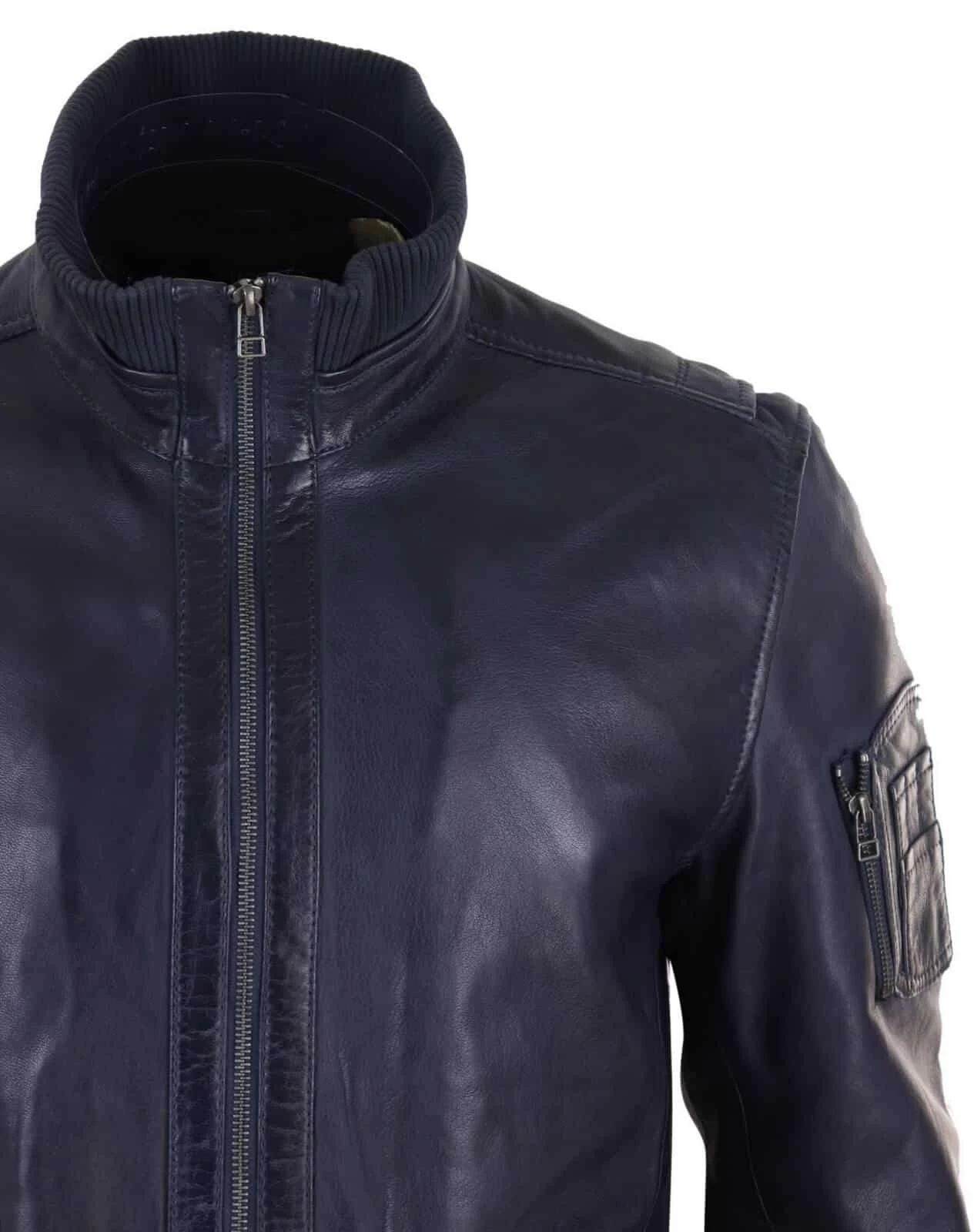Real Leather Autumn Jacket With High Neck For Mens – Navy Color - Image 6
