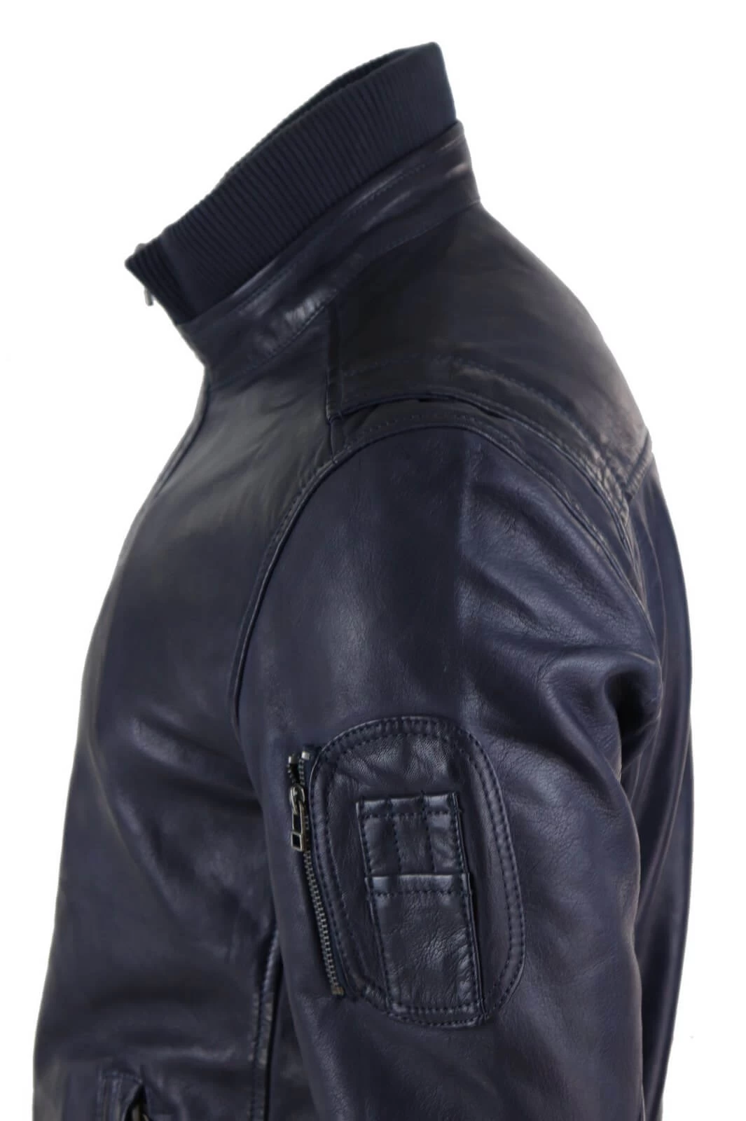 Real Leather Autumn Jacket With High Neck For Mens – Navy Color - Image 5