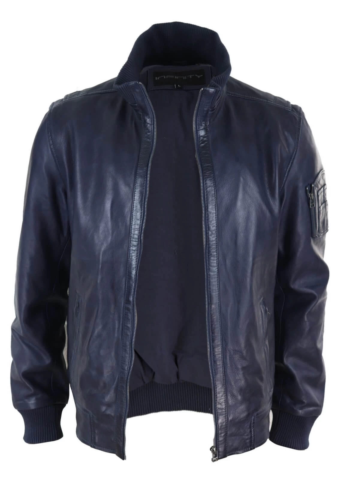 Real Leather Autumn Jacket With High Neck For Mens – Navy Color - Image 4