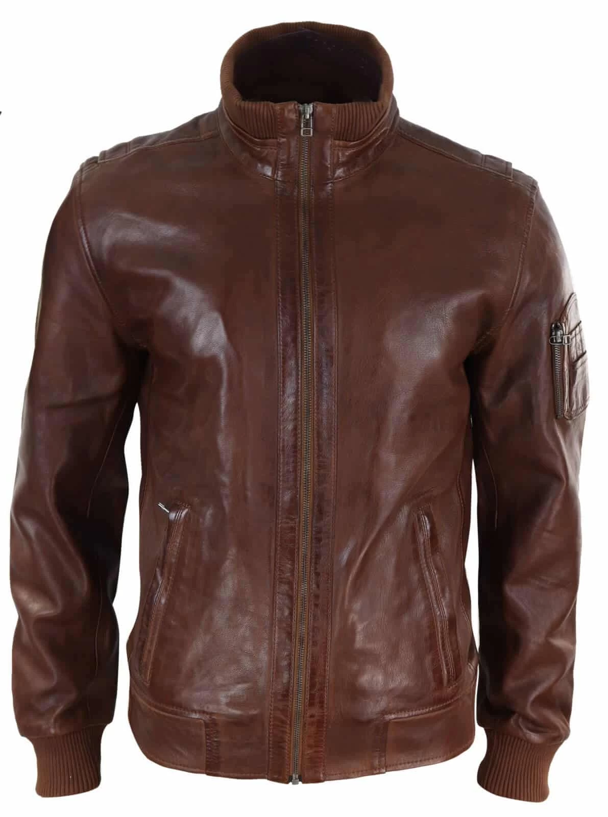 Real Leather Autumn Jacket With High Neck For Men β Timber Colour