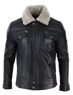 Mens Black Brown Real Leather Jacket Sheepskin Collar Short Zip Button β Black