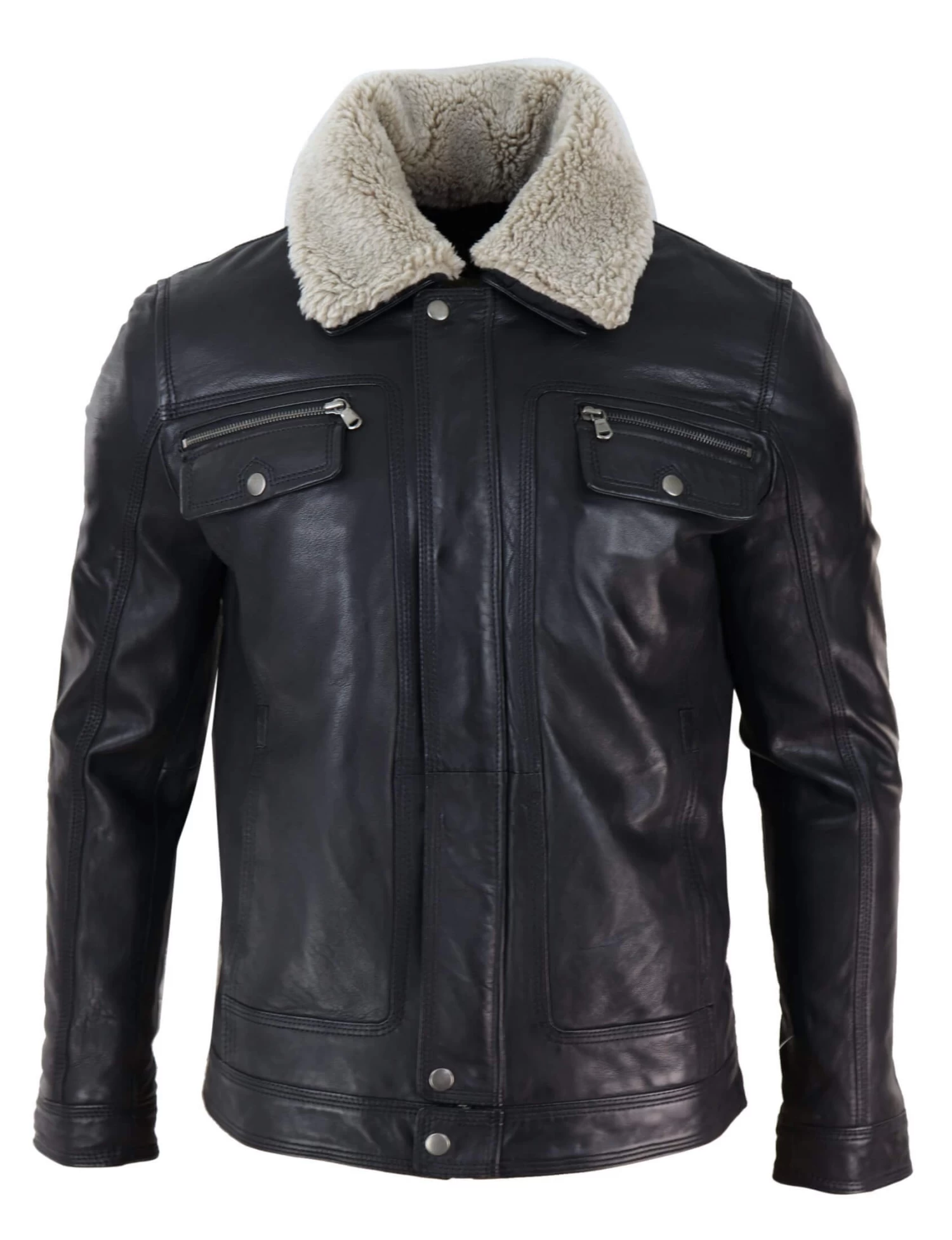 Mens Black Brown Real Leather Jacket Sheepskin Collar Short Zip Button β Black