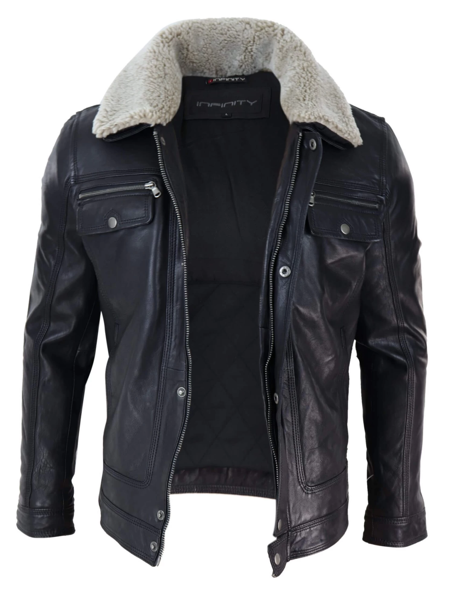 Mens Black Brown Real Leather Jacket Sheepskin Collar Short Zip Button β Black - Image 4