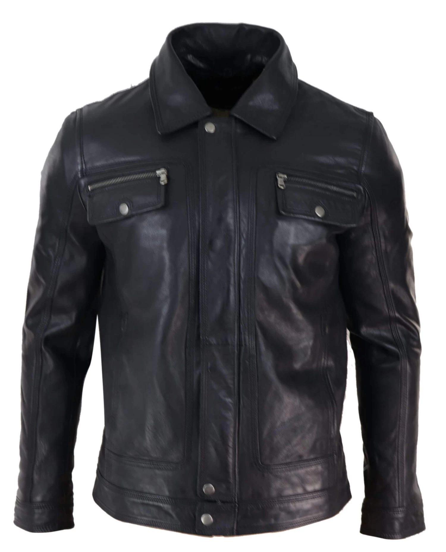 Mens Black Brown Real Leather Jacket Sheepskin Collar Short Zip Button β Black - Image 3