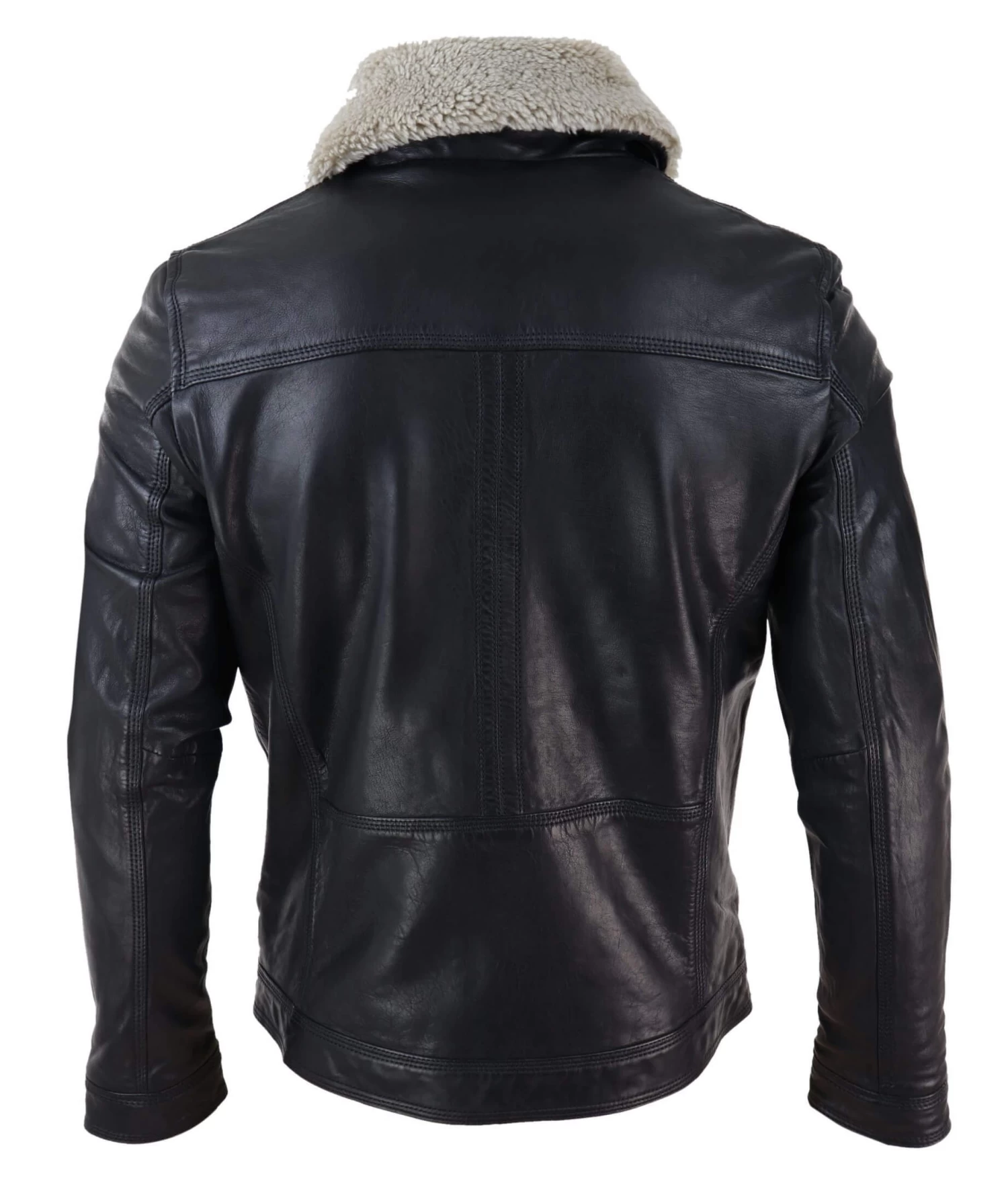 Mens Black Brown Real Leather Jacket Sheepskin Collar Short Zip Button β Black - Image 2