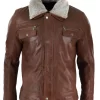 Mens Black Brown Real Leather Jacket Sheepskin Collar Short Zip Button – Timber