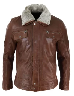 Mens Black Brown Real Leather Jacket Sheepskin Collar Short Zip Button – Timber