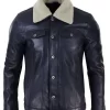 Mens Real Leather Jeans Jacket Fur Collar Retro Vintage Classic Navy Blue Casual