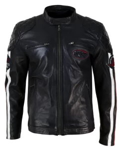 Real Leather Black Navy Brown Mens Racing Jacket Stripe Sleeves Moto Biker – Black