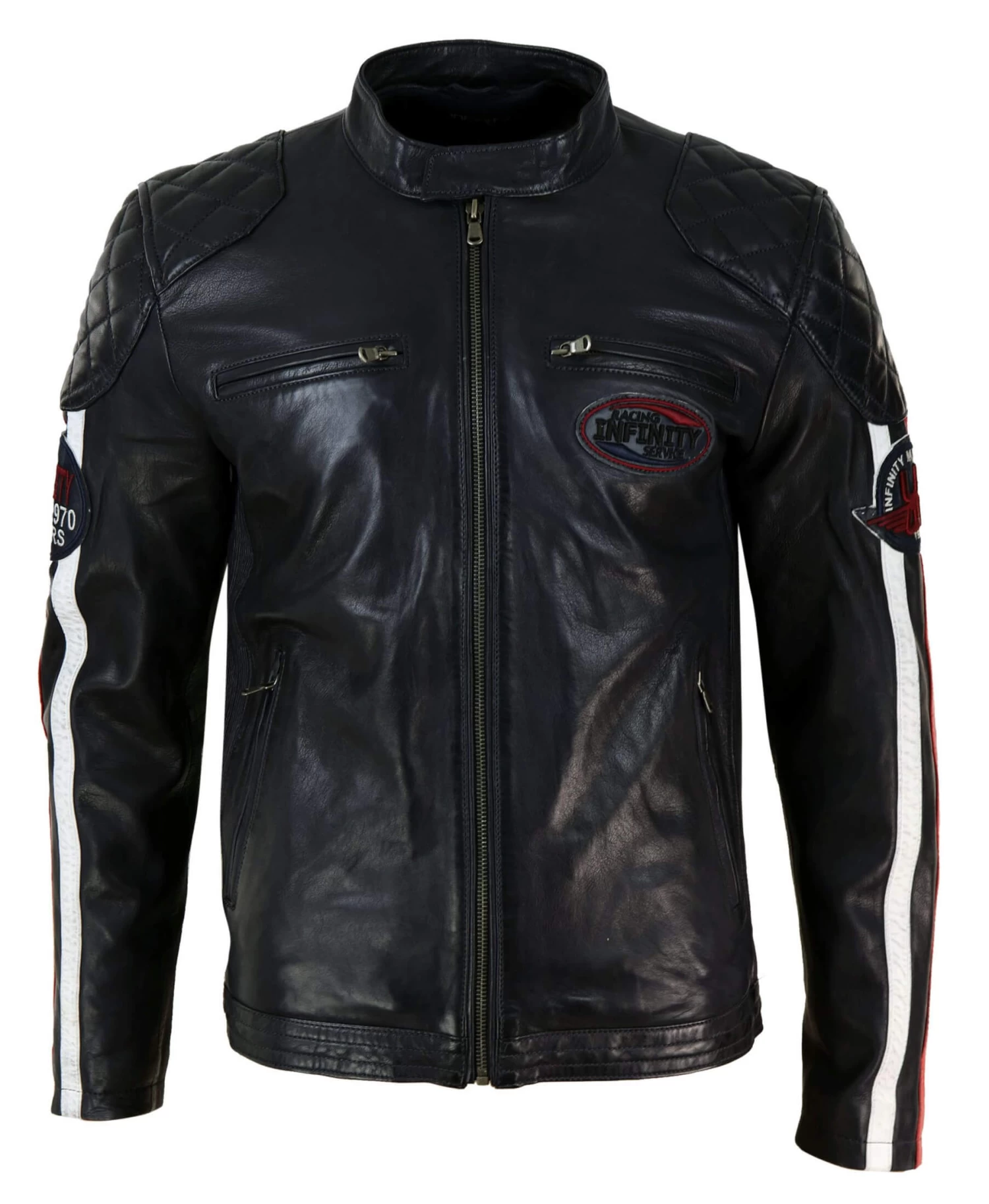 Real Leather Black Navy Brown Mens Racing Jacket Stripe Sleeves Moto Biker β Black