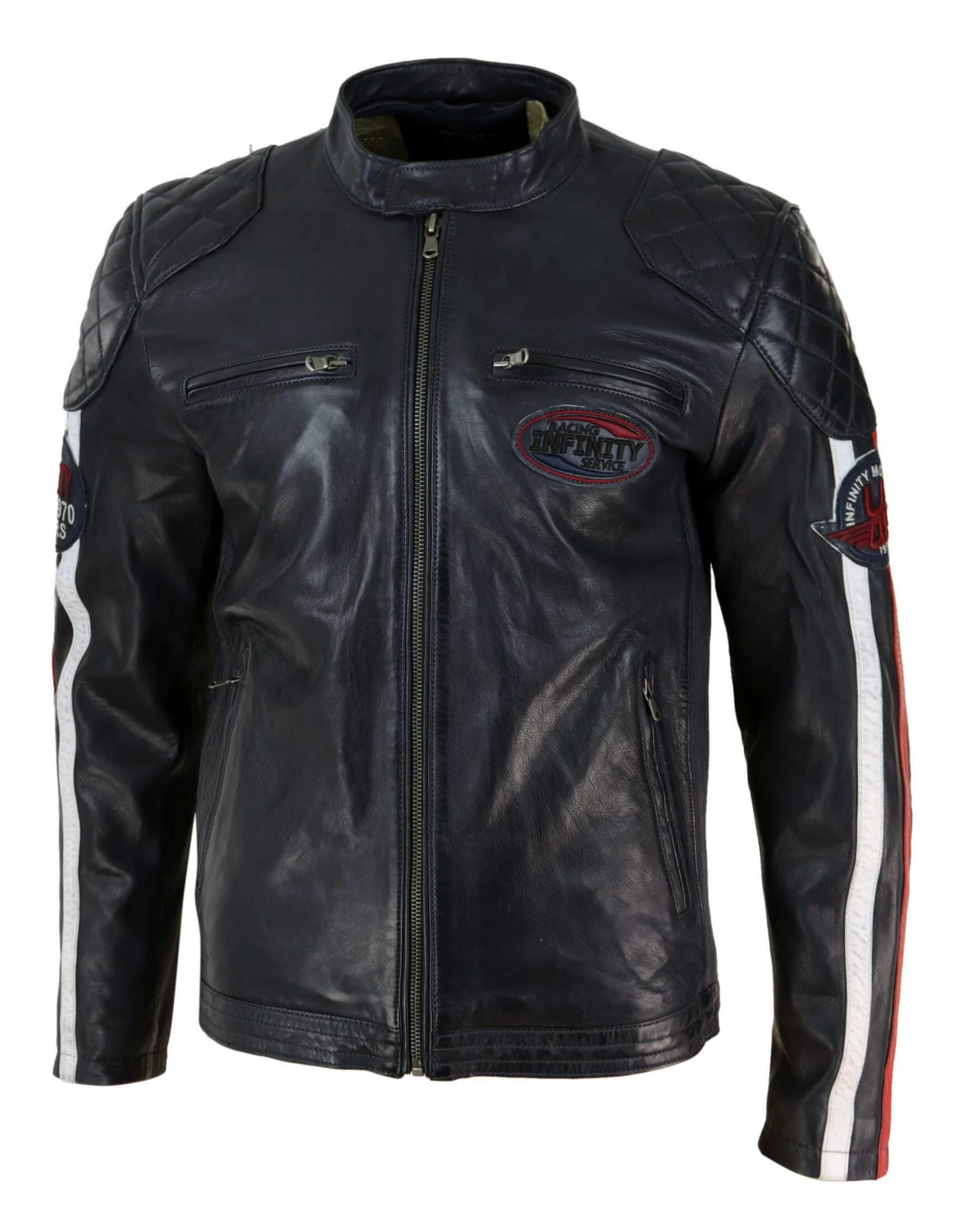 Real Leather Black Navy Brown Mens Racing Jacket Stripe Sleeves Moto Biker β Black - Image 4