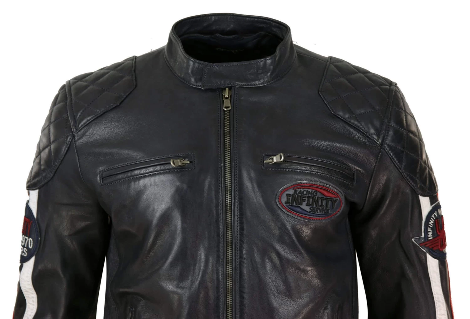 Real Leather Black Navy Brown Mens Racing Jacket Stripe Sleeves Moto Biker β Black - Image 3