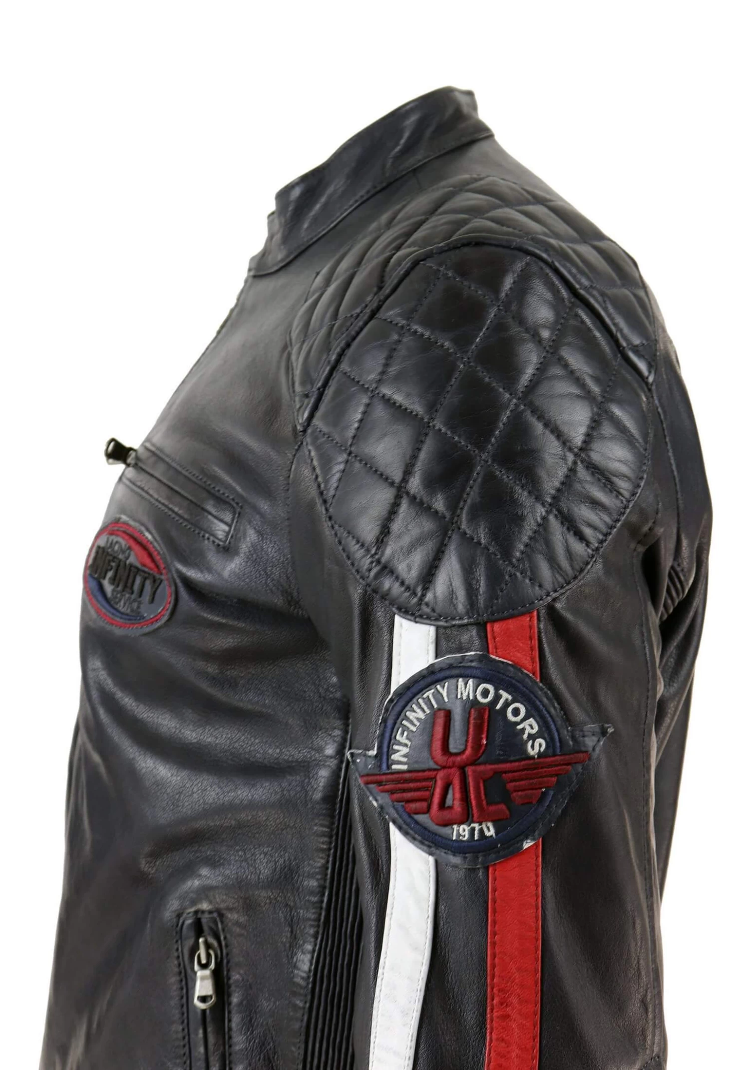 Real Leather Black Navy Brown Mens Racing Jacket Stripe Sleeves Moto Biker β Black - Image 2