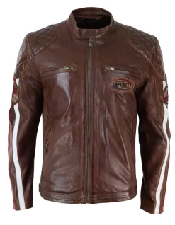 Real Leather Black Navy Brown Mens Racing Jacket Stripe Sleeves Moto Biker – Timber