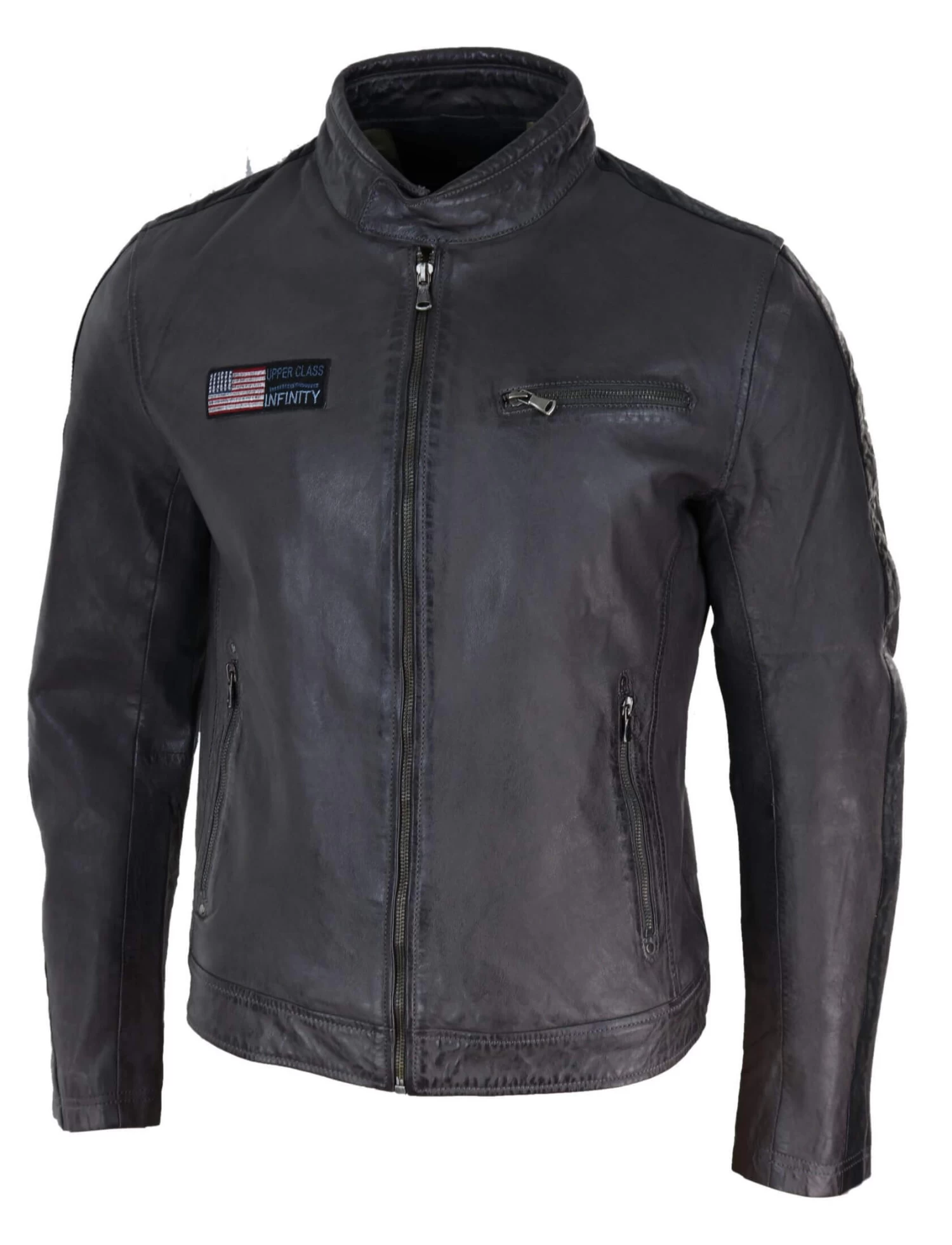 Real Leather Short Racing Mens Grey Jacket - Image 6
