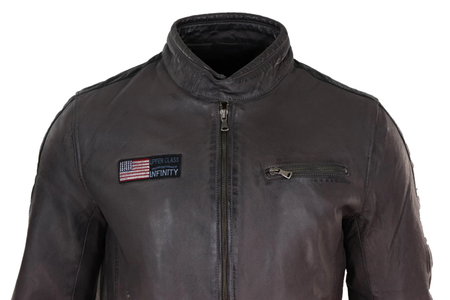Real Leather Short Racing Mens Grey Jacket - Image 5