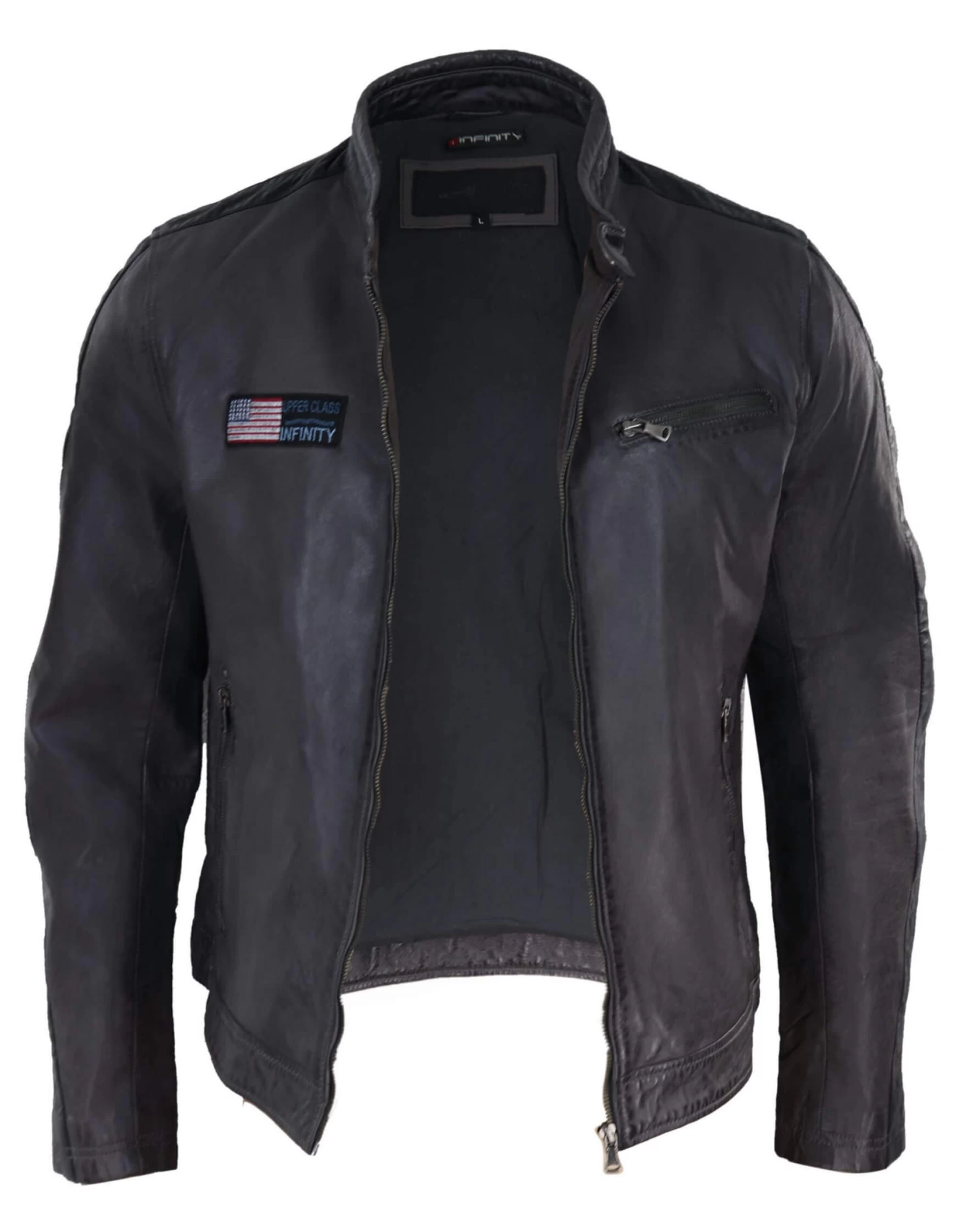 Real Leather Short Racing Mens Grey Jacket - Image 3