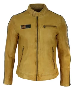 Real Leather Short Racing Mens Yellow Jacket