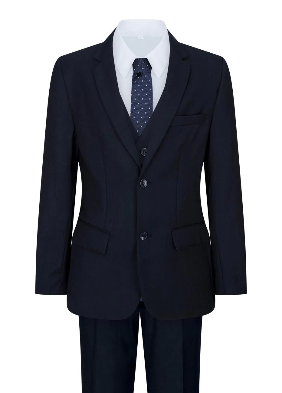 Boys Navy Blue 5 Piece Suit Blazer Waistcoat Shirt Tie Trousers Wedding Party