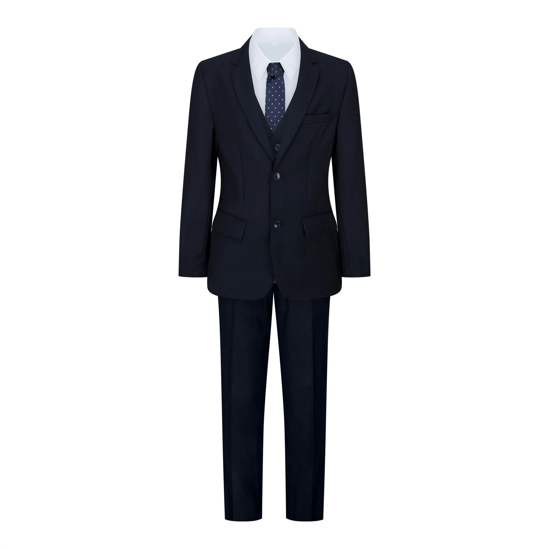 Boys Navy Blue 5 Piece Suit Blazer Waistcoat Shirt Tie Trousers Wedding Party - Image 2