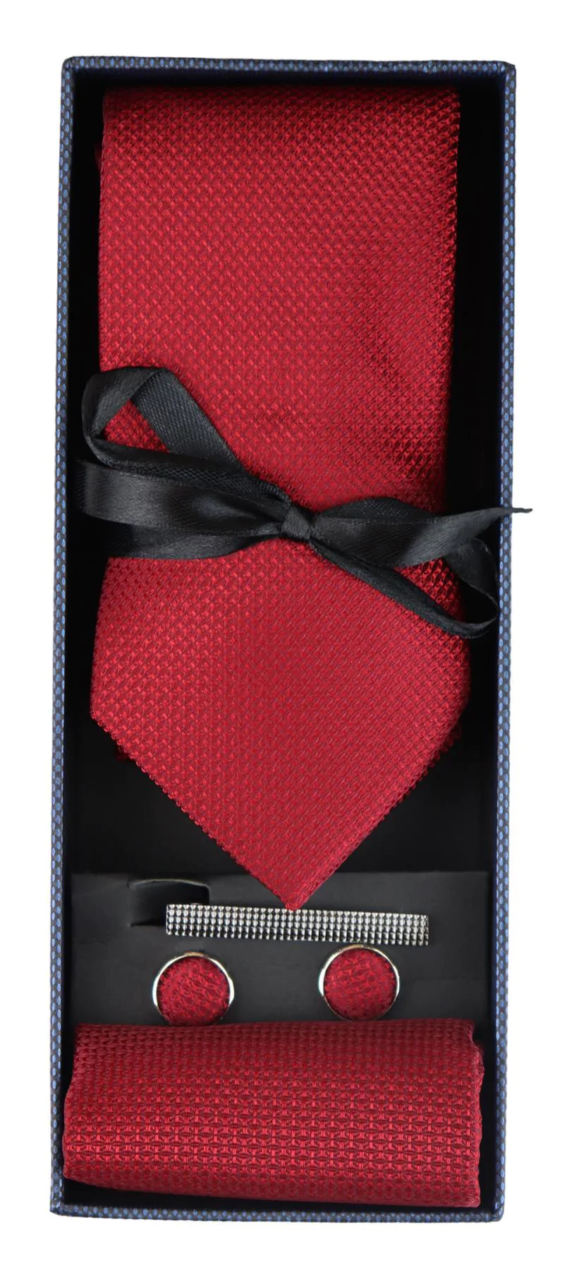 Satin Silk Textured Red Tie Gift Set Pocket Square Cuff Links Tie Matt Satin - Image 2