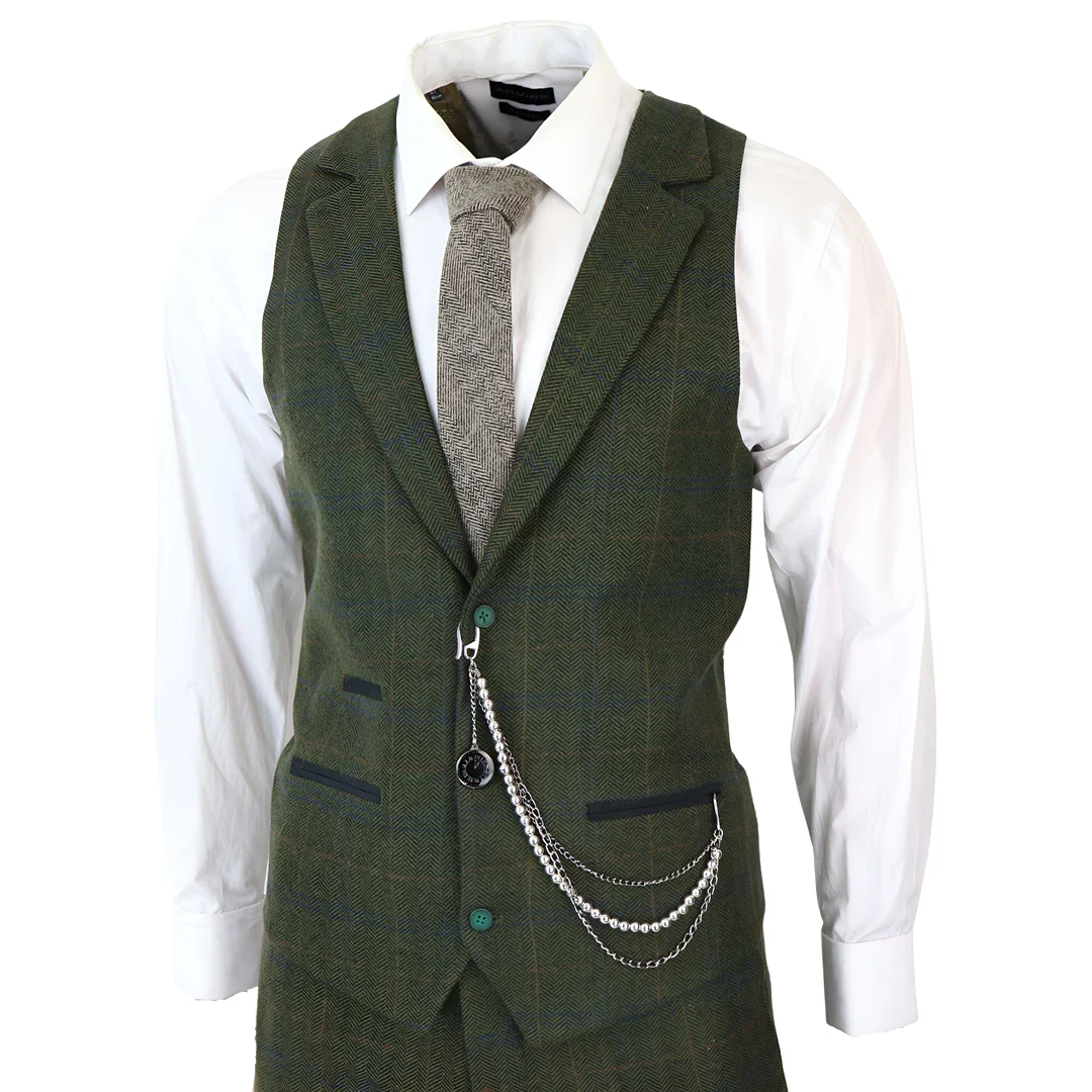 Men’s 3 Piece Suit Wool Tweed Green Blue Brown Check 1920s Gatsby - Image 7