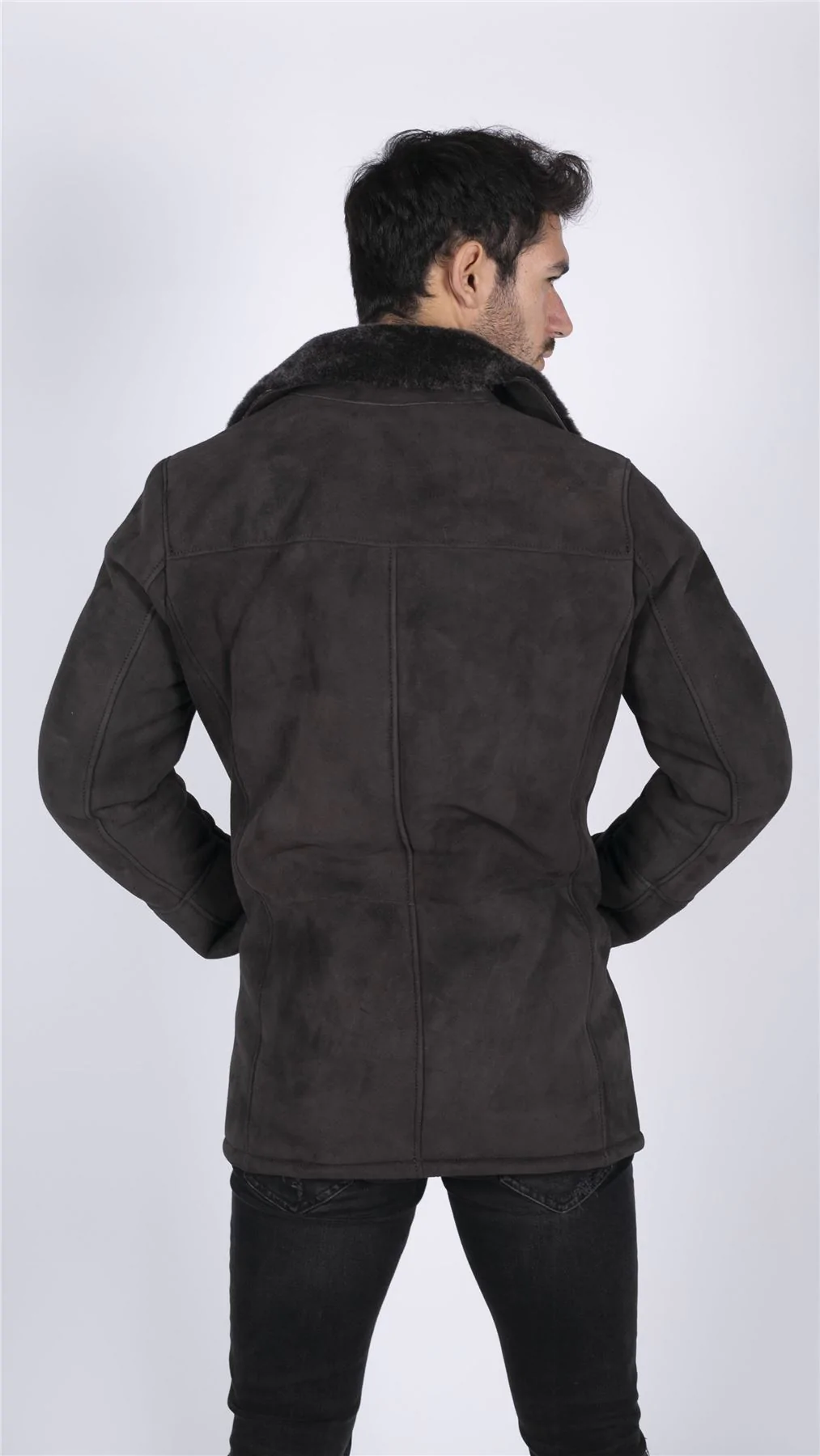 Mens Real Sheepskin Coat Brown Vintage Classic 3/4 Jacket Button Down V Neck - Image 6