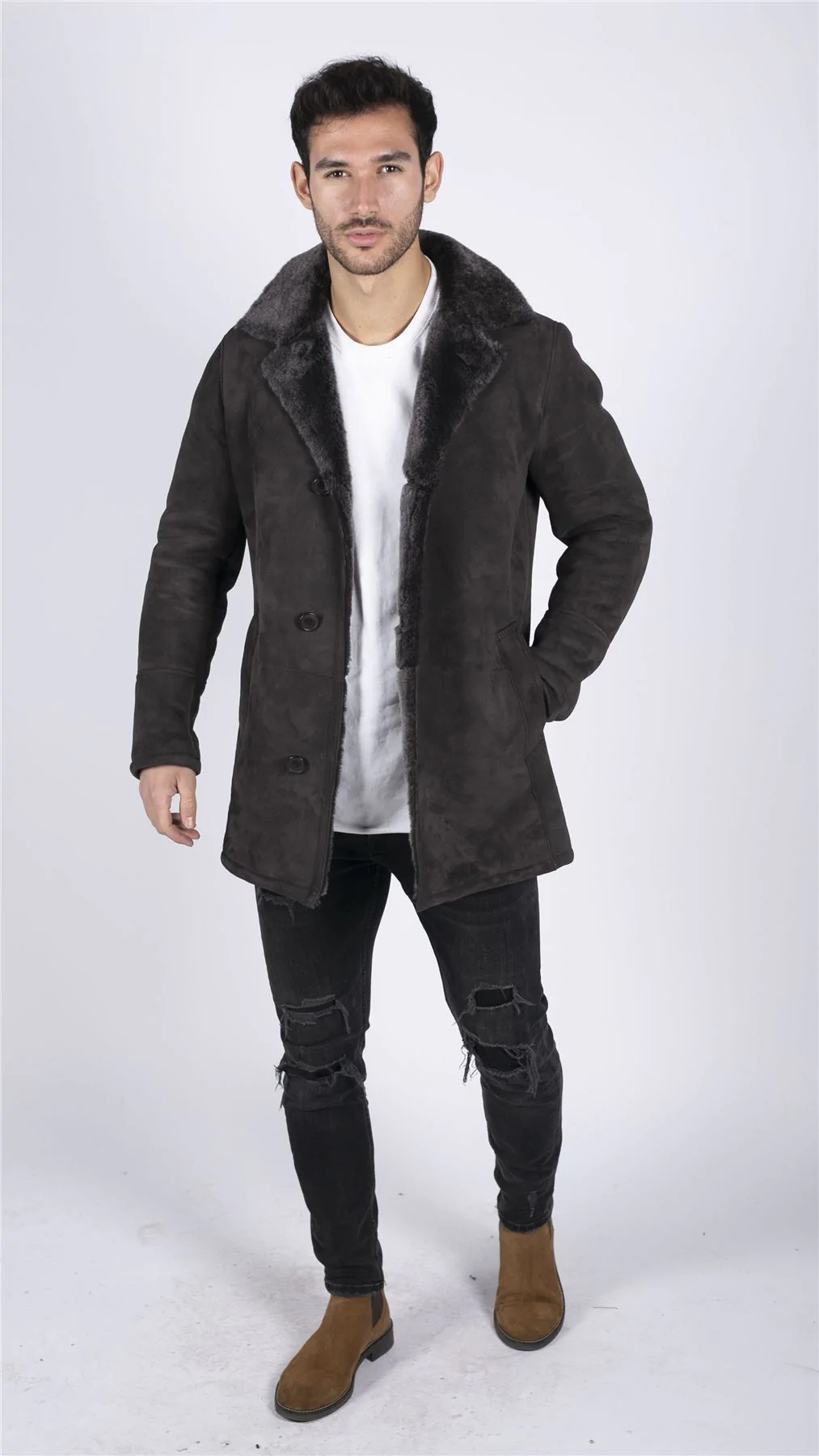 Mens Real Sheepskin Coat Brown Vintage Classic 3/4 Jacket Button Down V Neck - Image 4