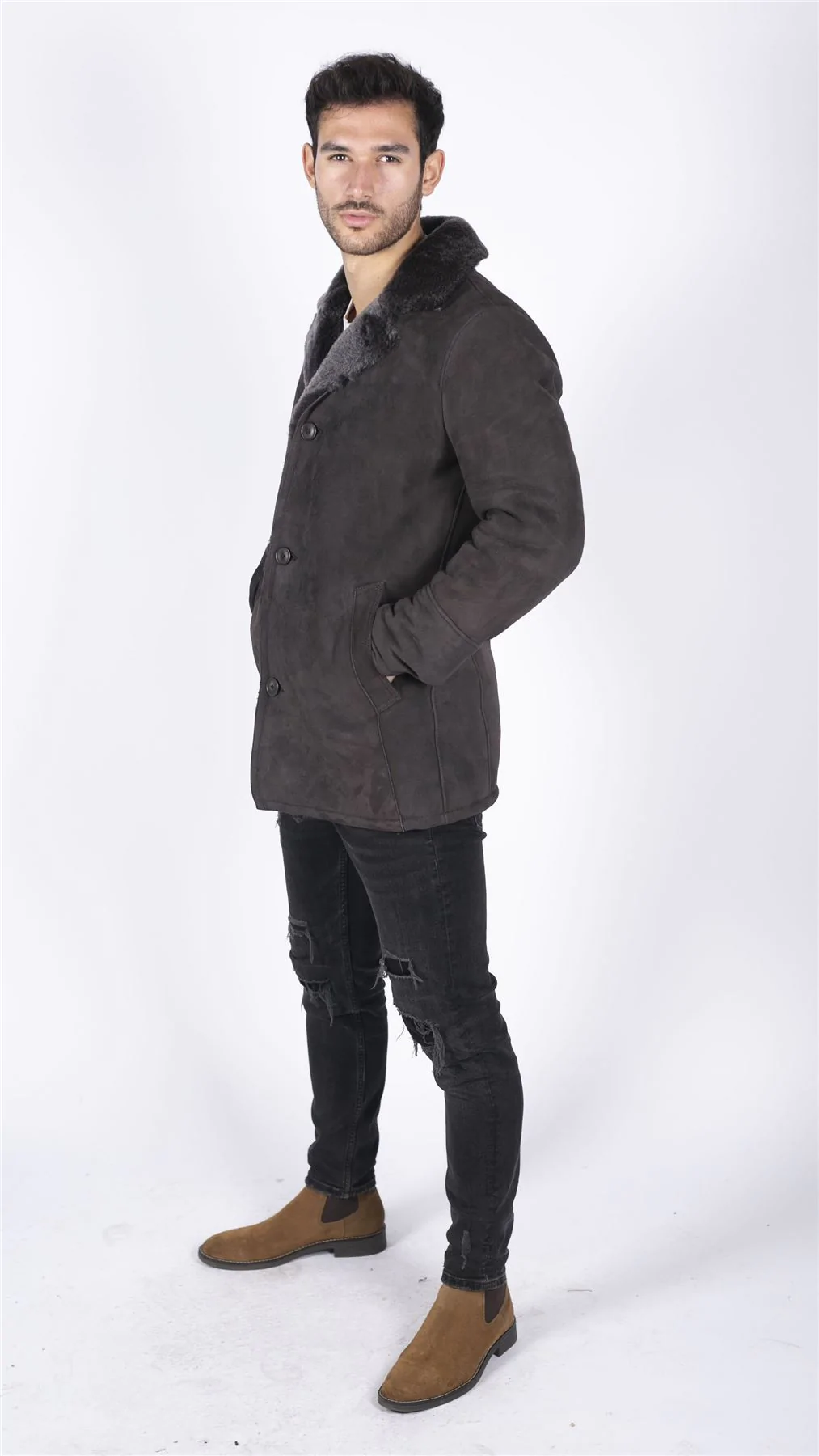 Mens Real Sheepskin Coat Brown Vintage Classic 3/4 Jacket Button Down V Neck - Image 3